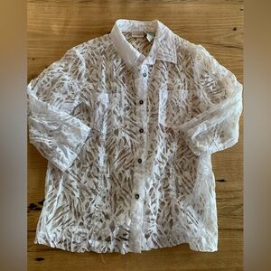 White Stag Sheer Animal Print White Button Down Shirt Women’s 3/4 Sleeve L pre‎